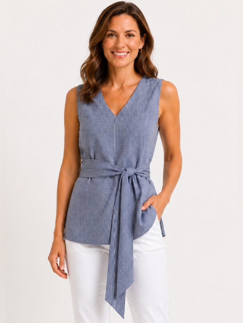 Max Jeans Gingham Blue White Summer Beach Tie Waist Cottagecore Sleeveless Top M